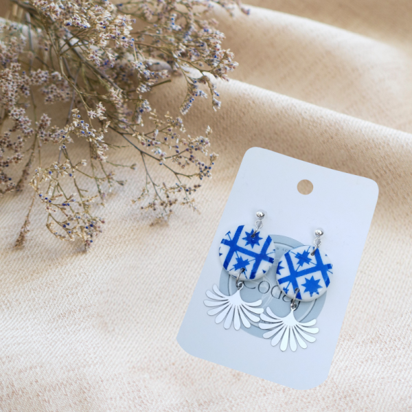 ME2 - Boucles d'oreilles rondes effet carreaux de ciment + feuilles