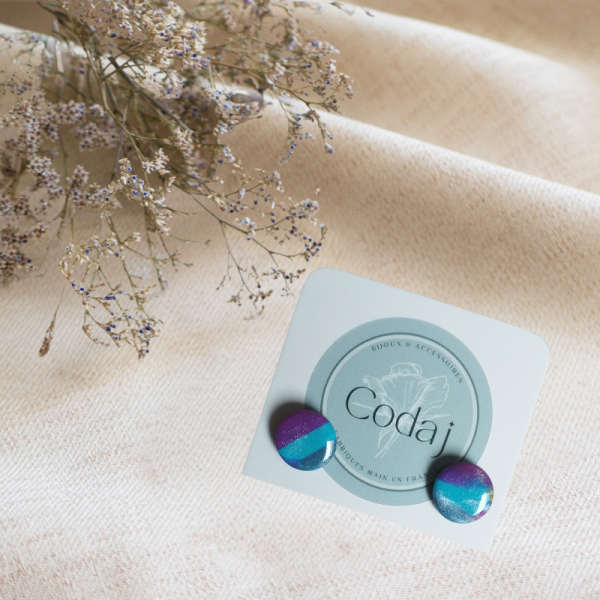 NE12 - Boucles d'oreilles "puce" violettes-turquoises et brillantes