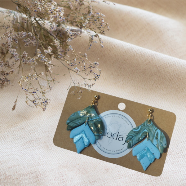 NE24 - Boucles d'oreilles bleues, kaki et dorées