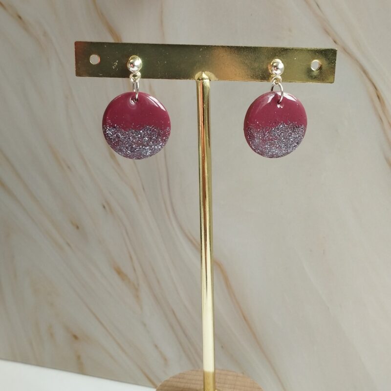 BRI9 - Boucles d'oreilles rondes brique et paillettes