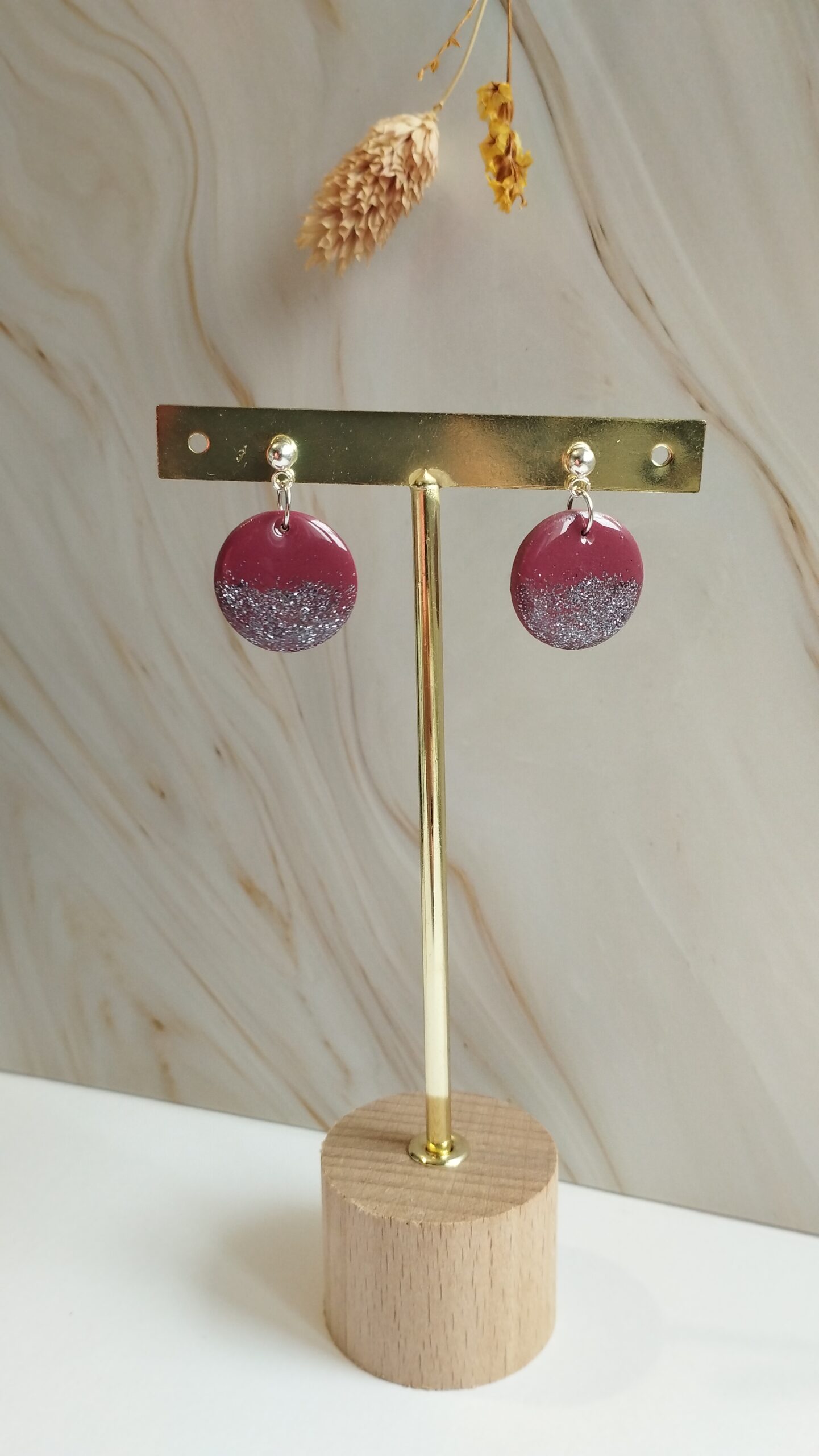 BRI9 - Boucles d'oreilles rondes brique et paillettes