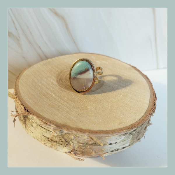 CHOC2 - Bague réglable turquoise/crème/marron/doré