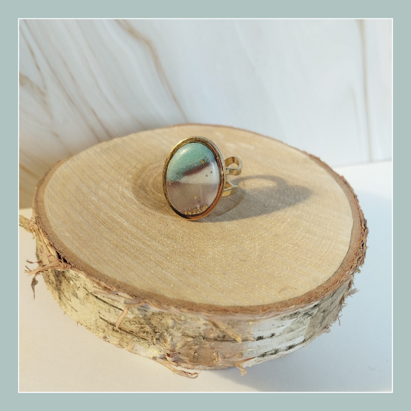 CHOC2 - Bague réglable turquoise/crème/marron/doré