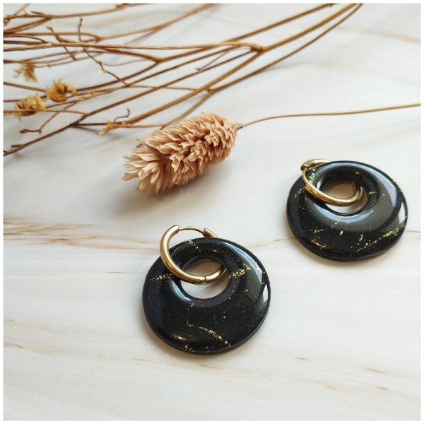 REV1 - Boucles d'oreilles Réveillon - "Créole" noire/dorée ou noire/argentée