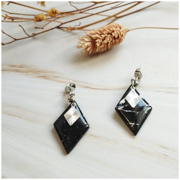 REV6 - Boucles d'oreilles Réveillon - "Losange" noir/argenté
