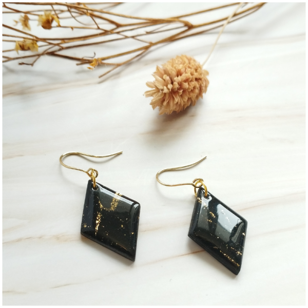 REV7 - Boucles d'oreilles Réveillon - "Losange" noir/doré