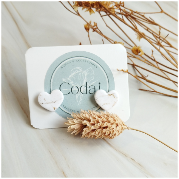 REV3 - Puces d'oreilles Réveillon - "Cœur" blanche et dorées