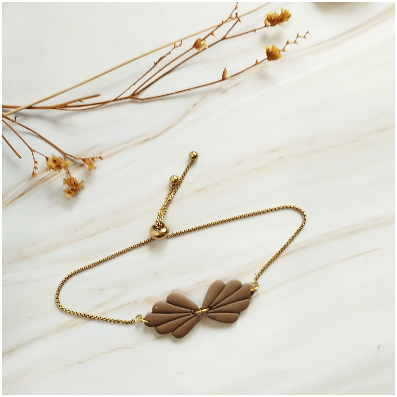 ARG14 - Bracelet Argile - 2 feuilles marron et doré